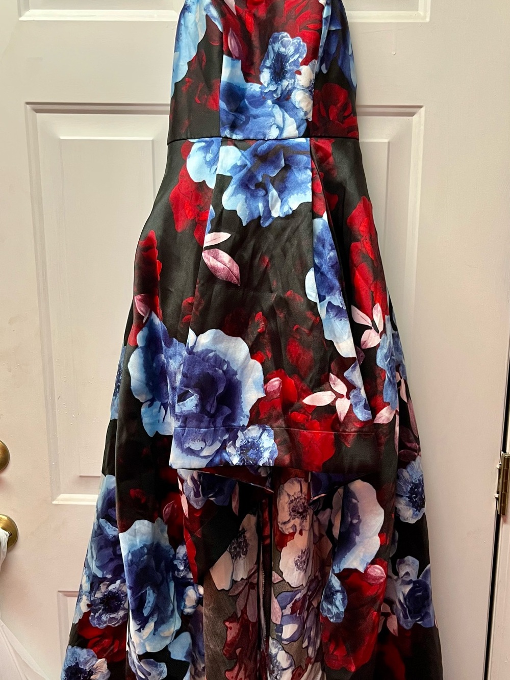 Floral High-Low dress  in Black with Blue & Red Blooms NWOT